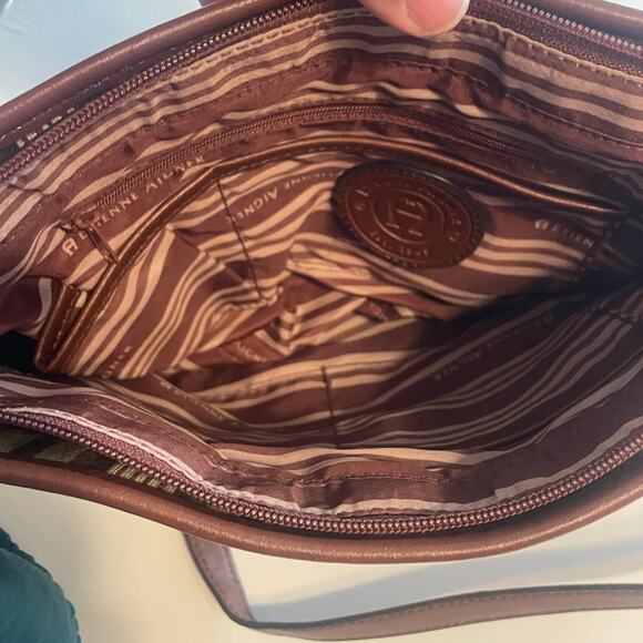 Etienne Aigner Brown Striped Bag Womens Leather Trim Handbag Purse - Picture 9 of 14